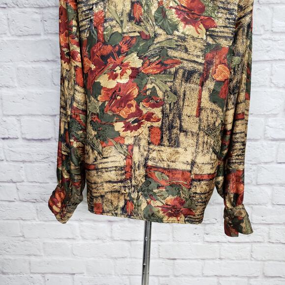 Vintage High Neck Gold Red Green Polyester Blouse Sz 6 - Picture 11 of 14